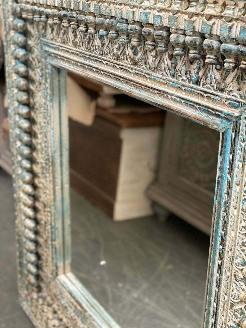Indian hand Carved Mirror Wooden Wall Décor 90x90cm Blue Etsy