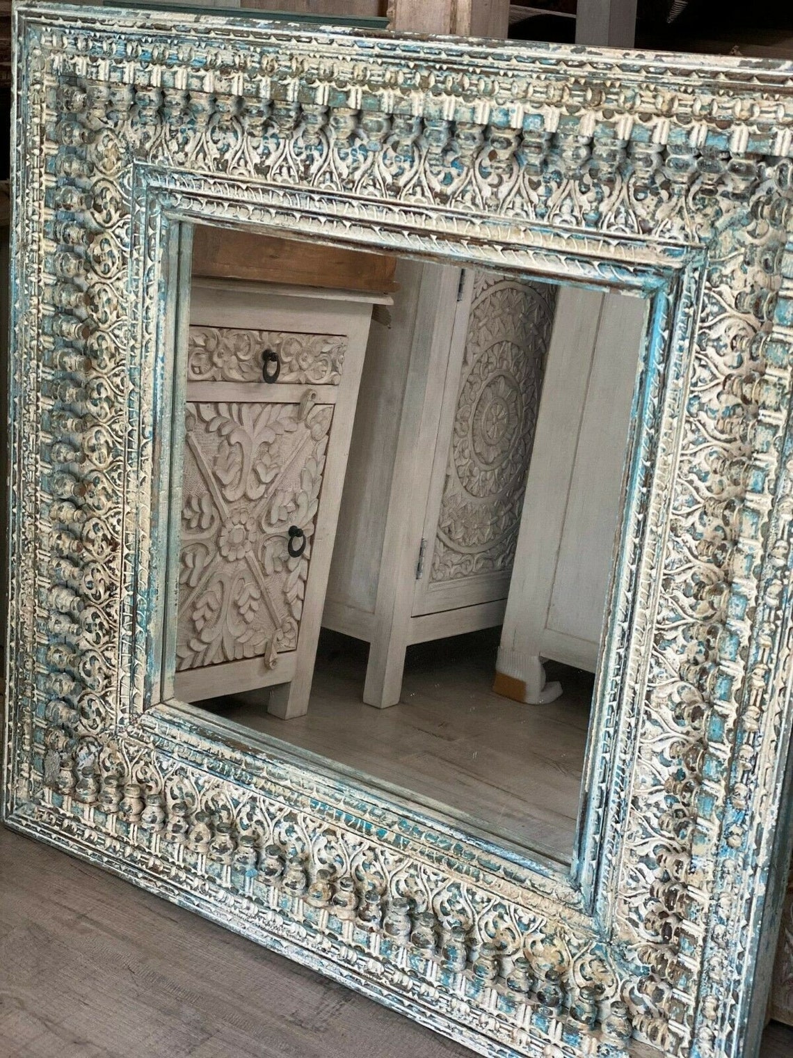 Indian hand Carved Mirror Wooden Wall Décor 90x90cm Blue Etsy