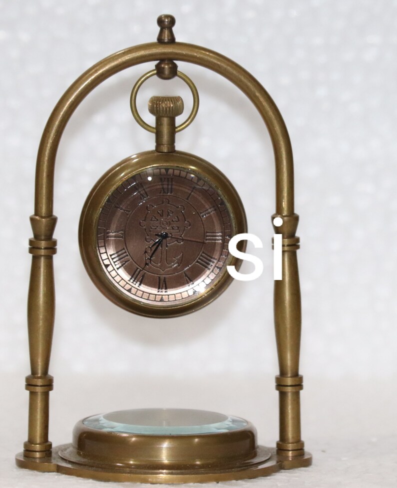 Antique Nautical Wheel Anchor Brass Table Top Decor Clock with Compass