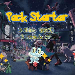 Peut inclure: Illustration numérique d'une ville nocturne avec des personnages animés et le texte "Pack Starter". L'image comprend diverses créatures animées et le texte "3 Shiny Baron 3 Capsule Or".