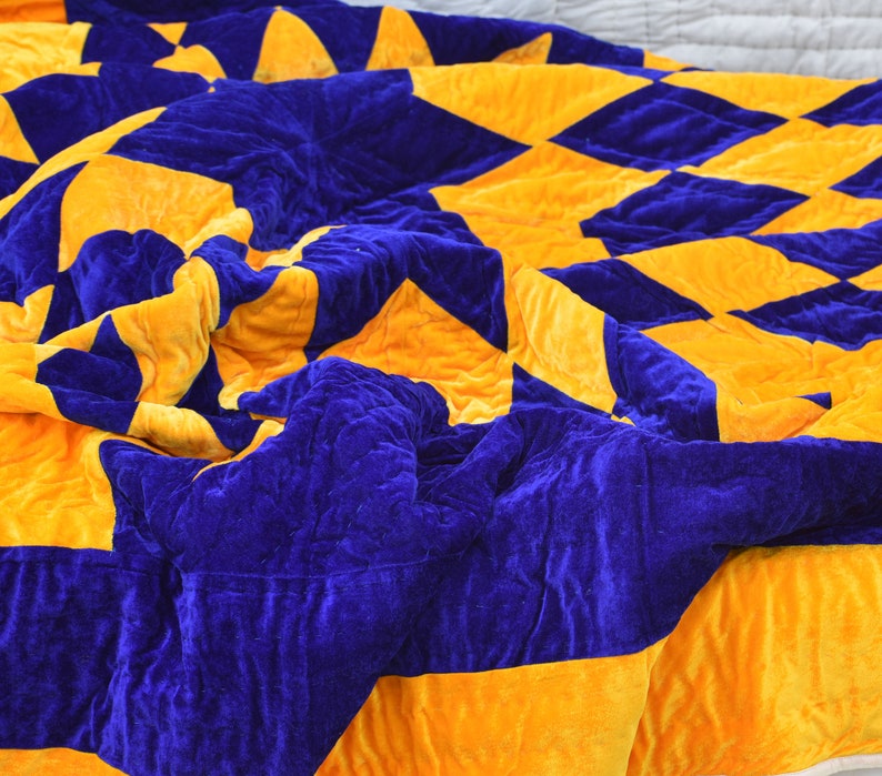 Velvet Lone Star Quilt Handmade Antique Quilt Yellow Blue Etsy