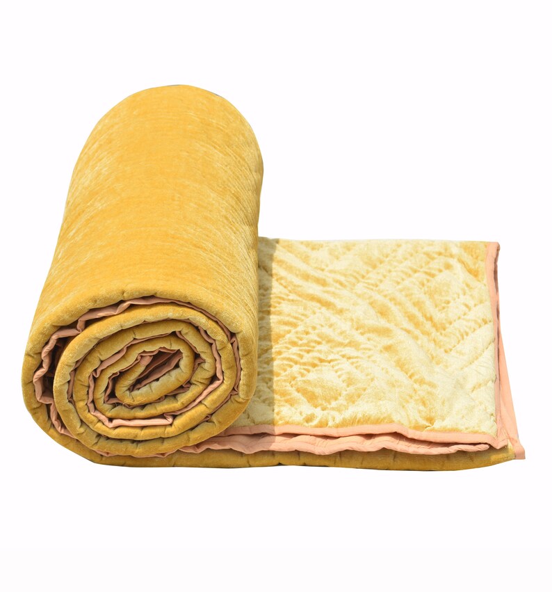 Golden Velvet Quilt Queen Quilt Velvet Comforter Gold King Etsy