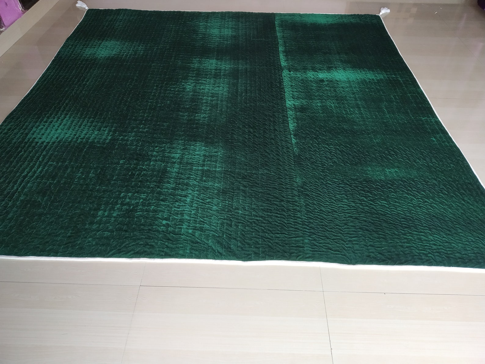 Emerald Green Quilted Bedspread Soft Velvet Throw Queen Quilt Etsy