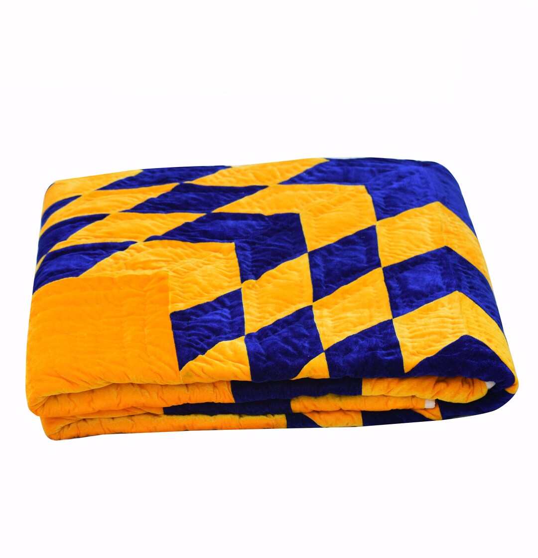 Velvet Lone Star Quilt Handmade Antique Quilt Yellow Blue Patch Work