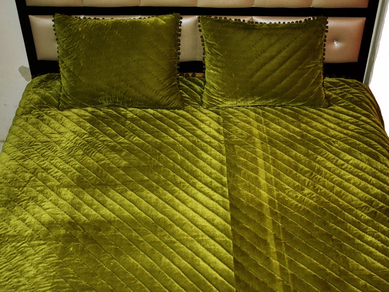 Olive Green Velvet Quilt Velvet Comforter Queen Quilt King Etsy