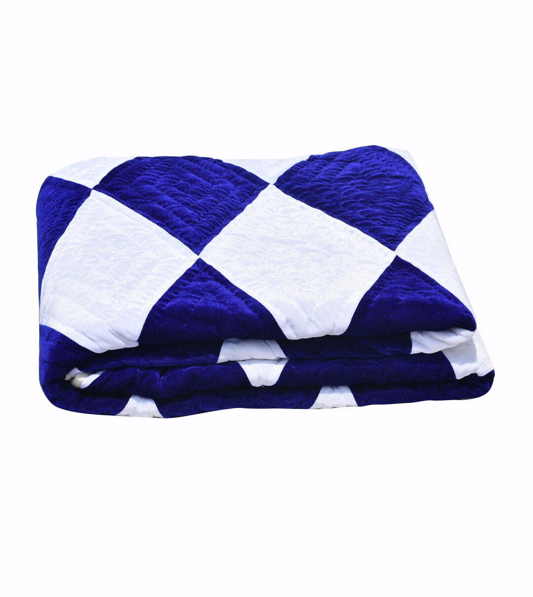 Royal Blue White Diamond Velvet Quilt Velvet Comforter Patchwork
