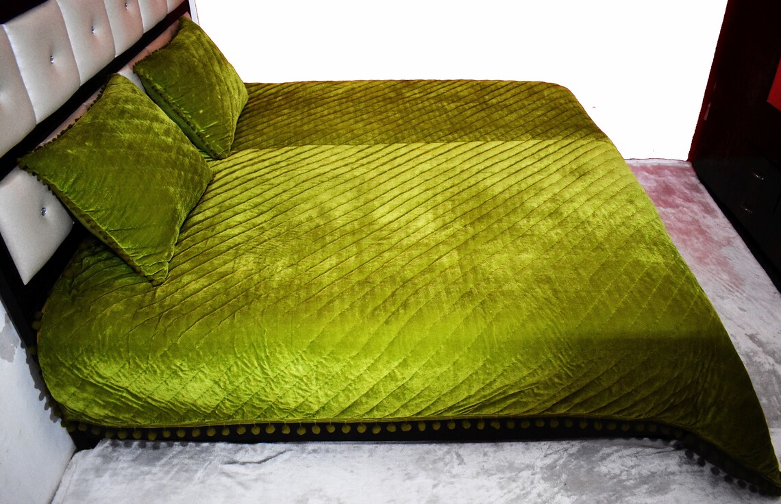 Olive Green Velvet Quilt Velvet Comforter Queen Quilt King Etsy