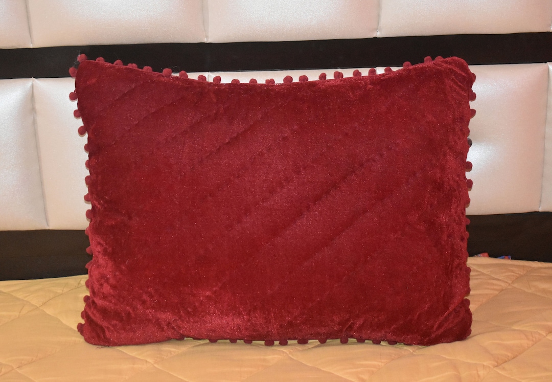 Deep Red Velvet Throw Pillow Coverset of 2 Pompom Euro Shams, Home