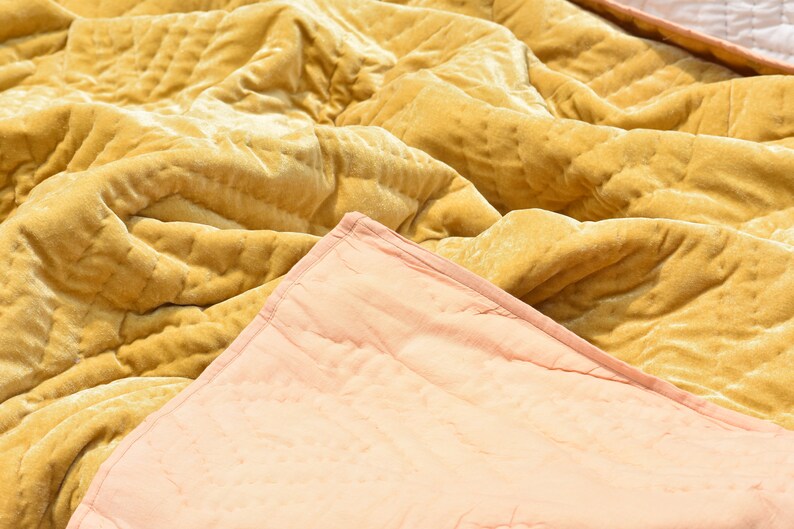 Golden Velvet Quilt Queen Quilt Velvet Comforter Gold King Etsy