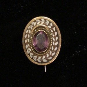 1880s Gilded Unusual Mourning Paste Stone & Enamel Gold Brooch Victorian Stunning