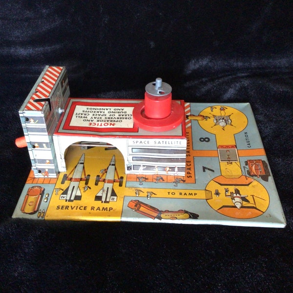 Vintage MARX Toys Tin Litho Space Ship service station Spaceship Liftoff pad