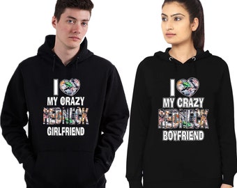 Unisex pareja sudadera con capucha a juego, Me encanta mi loco novio cuello rojo novia a juego con sudaderas con capucha de Día de San Valentín pareja con capucha