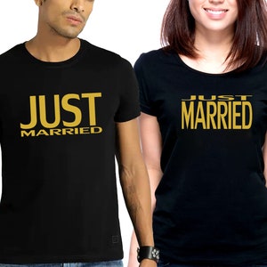 Just Married Unisex Couple Matching Printed Short Sleeve Black T-Shirts Perfect Couple Love Tees for Him & Casual Wear for Couples