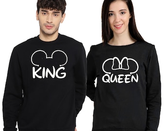 Unisex Couple Matching, Crewneck Sweatshirt, King Queen Sweatshirt, Long Sleeve Tshirt, Mouse Ears, Couple Sweatshirt, Cartoon King Queen