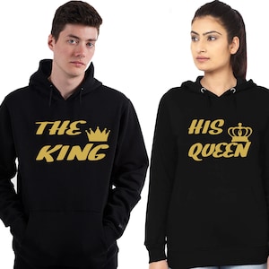 THE King His Queen | Matching Couple HOODIE | Sweatshirt GOLD Design Cartoon - Funny Couple Hooded Couple Sweater, Pullover hoodie