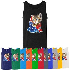 Unisex Couple American Kitty Flag | Men's TANK TOP, Cat Tank Top KITTY with Flag Man Shirt Tank Top 4th of July Men Tee Tank Top
