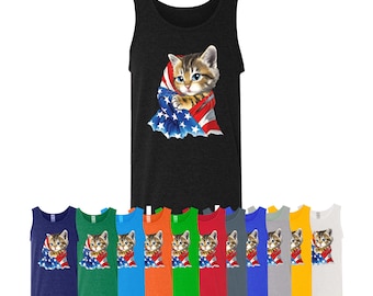 Unisex Couple American Kitty Flag | Men's TANK TOP, Cat Tank Top KITTY with Flag Man Shirt Tank Top 4th of July Men Tee Tank Top