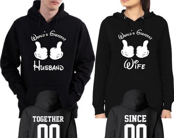 Unisex Couple Matching, HOODIES, WORLD'S Greatest Husband Wife | Back Side Together Since Date Numbers Front Back Matching Couple Hoodie