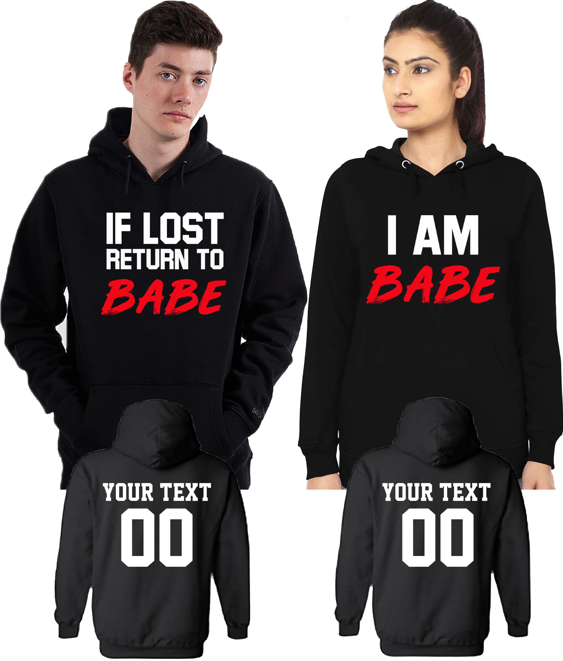 Si perdí Volver a BABE Pareja Unisex A juego SUDADERA CON CAPUCHA impresa Camisetas de manga larga juntas desde la parte posterior Números de fecha para él y ella