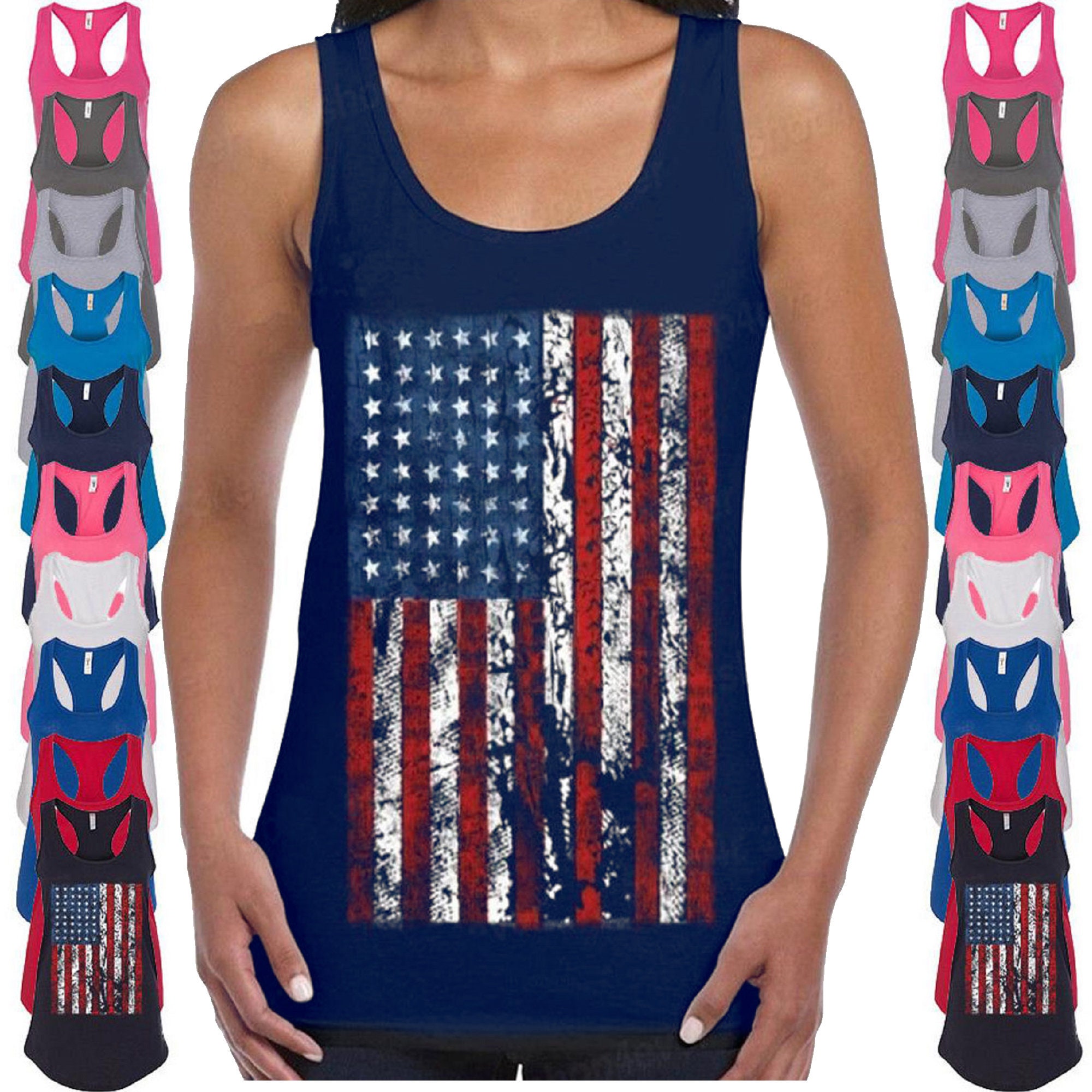 American Flag Distressed Women Tank Top Patriotic Tattered Etsy