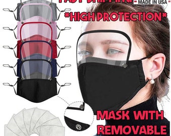 Cotton Face Mask with Removable Eyes Shield Outdoor Face Protective Mask Detachable Washable Reusable Breathable Face Mask Clear Window