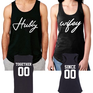 Hubby Wifey Custom Couple Matching Printed Sleeve less TANK TOP Tee Valentines Wedding Couple Bachelor Party Loves Couples Tank Top