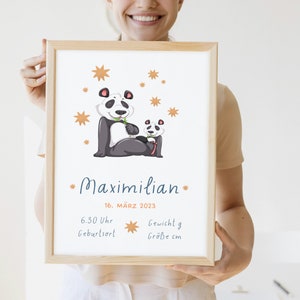Póster de nacimiento personalizado | Descarga digital | Para nacimiento | Póster de bebé con fechas de nacimiento panda mamá y bebé | Netti Li Jae®