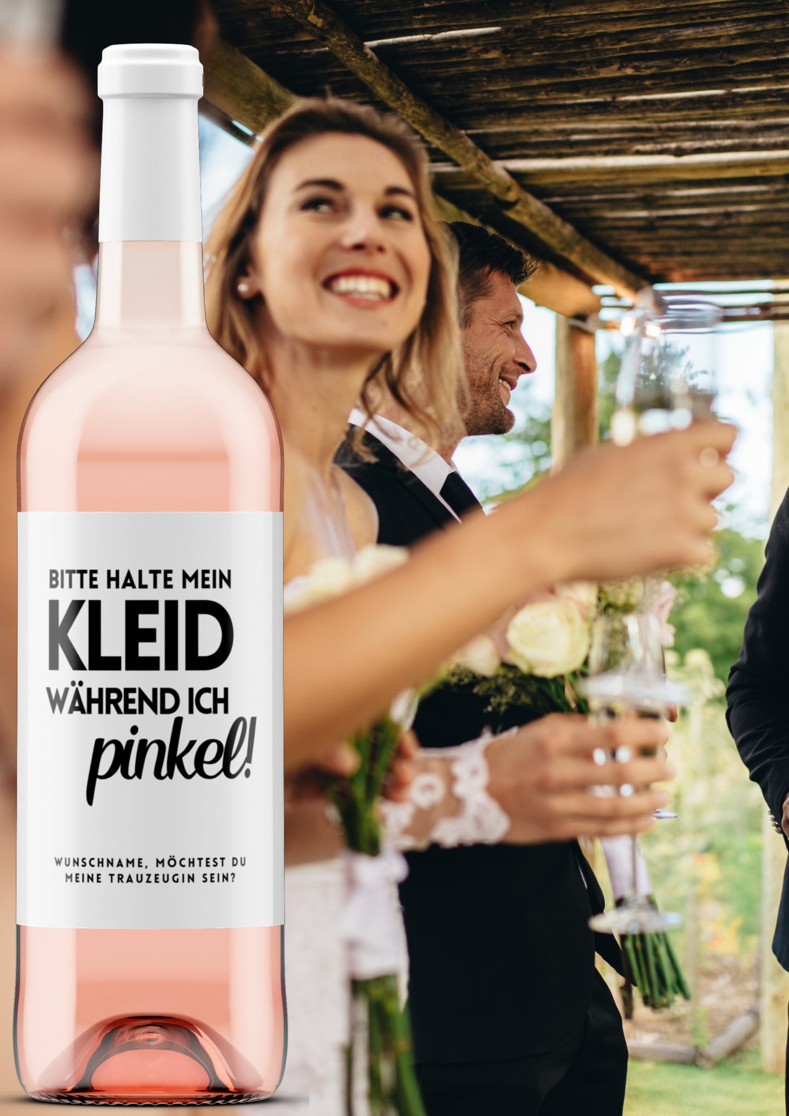 Weinetikett "Hältst du mein Brautkleid während ich Pinkel?"