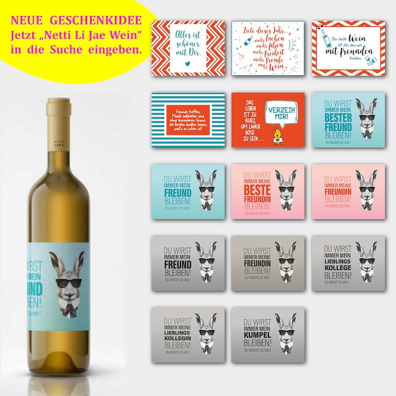 May include: A white wine bottle with a label featuring a cartoon llama wearing sunglasses. The label also includes the text "First Wein und Ben!"  The background shows various colorful cards with German text.