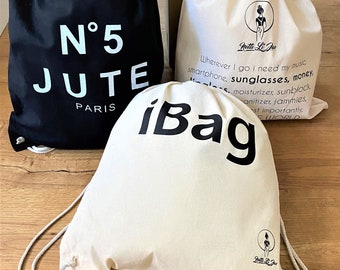 Netti Li Jae® Hipster-Bag "iBag"| auch Beutel, Einkaufstasche, Rucksack oder Turnbeutel genannt | naturfarbend mit schwarzer Schrift