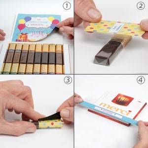 May include: A step-by-step guide on how to wrap a box of chocolates with a birthday card. The first step shows a birthday card with balloons and the text "Zum Geburtstag w&uuml;nsche ich dir". The second step shows a chocolate bar wrapped in a birthday-themed paper. The third step shows a chocolate bar wrapped in a birthday-themed paper with a black ribbon. The fourth step shows a box of chocolates wrapped in a birthday-themed paper with a blue ribbon and the text "merci Happy Birthday".