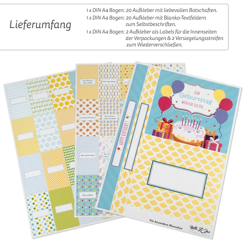 May include: A set of birthday party supplies featuring a blue and yellow color scheme. The set includes 20 stickers with different designs, 20 blank stickers, 2 labels, and 2 sealing strips. The stickers feature birthday-themed designs, such as balloons, cake, and gifts. The labels are blank and can be used for writing names or messages. The sealing strips are used to seal gift bags or boxes. The set is perfect for adding a personal touch to your birthday party.