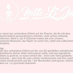 May include: White text on a pink background reads "Netti Li Jae". The text below explains that the labels are designed to be easily personalized and that they have a black laminated back for durability. The text also includes a tip for using the labels on cylindrical wine bottles.