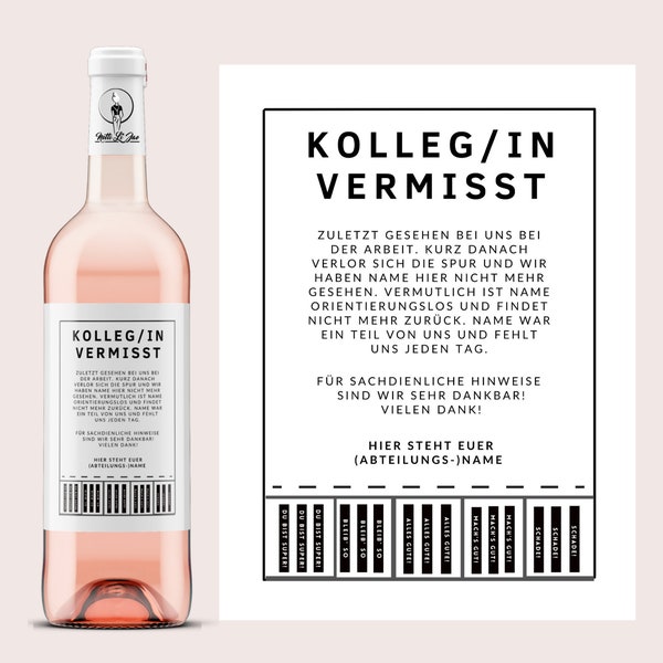 KollegIn vermisst | Personalisiertes Wein- oder Bieretikett | inkl. Wunschname | Witzige Geschenkidee zum Ausstand | Netti Li Jae®