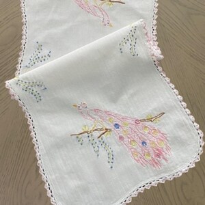 Vintage Table Runner Embroidered Peacock Pattern 13.5 x 32 Inch/ Table Linens
