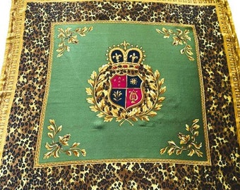 Beautiful Silk Satin Scarf Crown With Emblems and Cheetah Print 27 Inch Vintage Fashion Accessories