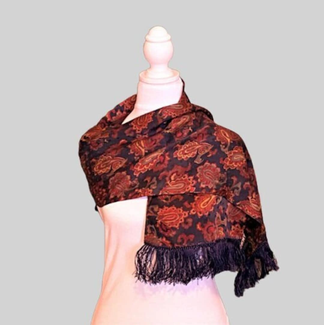 DKNY Scarf Double Silk Fringed Paisley Print 10.5 X 54.5 Inch/ Vintage