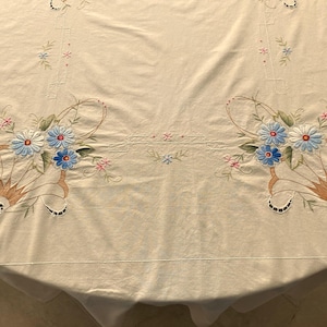 Embroidered Floral Tablecloth 68 x 83 Inch Vintage Table Linens