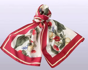 Vintage Hilo Hattie Floral Silk Scarf Tropical Print 14 x 59 Inches Designer Fashion Accessories