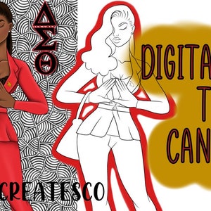 May include: A digital illustration of a woman wearing a red suit and a black handbag. She is making a hand gesture with her hands. The background is a black and white pattern. The text "DIGITAL FILE TO CANVAS" is in the background.