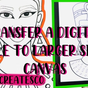 May include: A black and white line drawing of an Egyptian queen wearing a crown and an ankh symbol. The image is framed in a green and black frame. The text "TRANSFER A DIGITAL FILE TO LARGER SIZE CANVAS" is written in pink letters on a white background. The text "JOSCREATESCO" is written in pink letters on a white background.