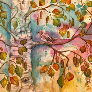 Bird in a birch tree - original painting