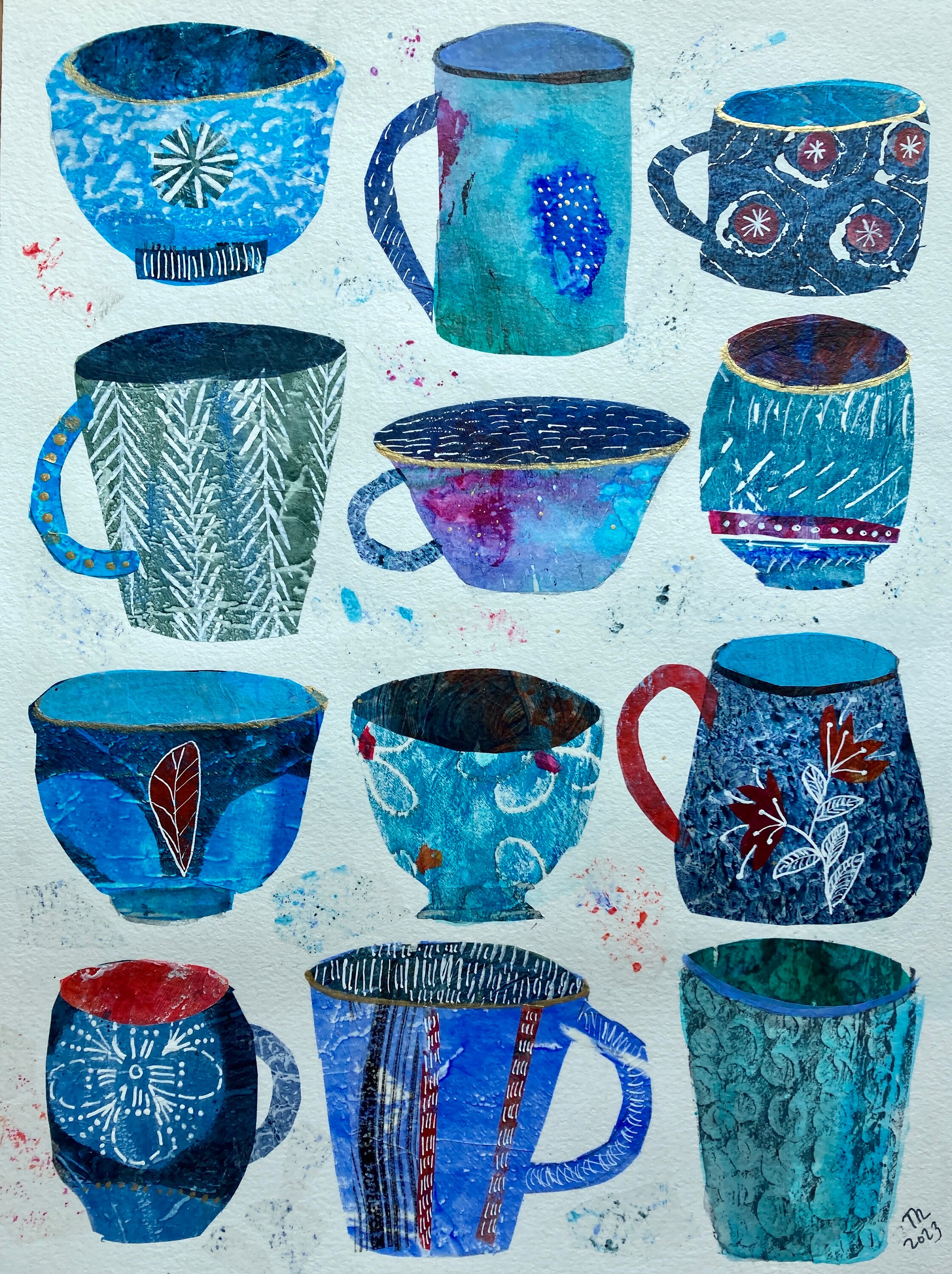 Blue Cups - Collage Painting - Etsy