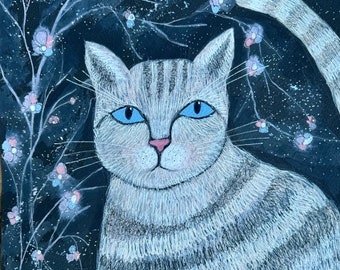 黒猫のアートプリント：青い目、ヴィンテージワイヤーハンガー付き