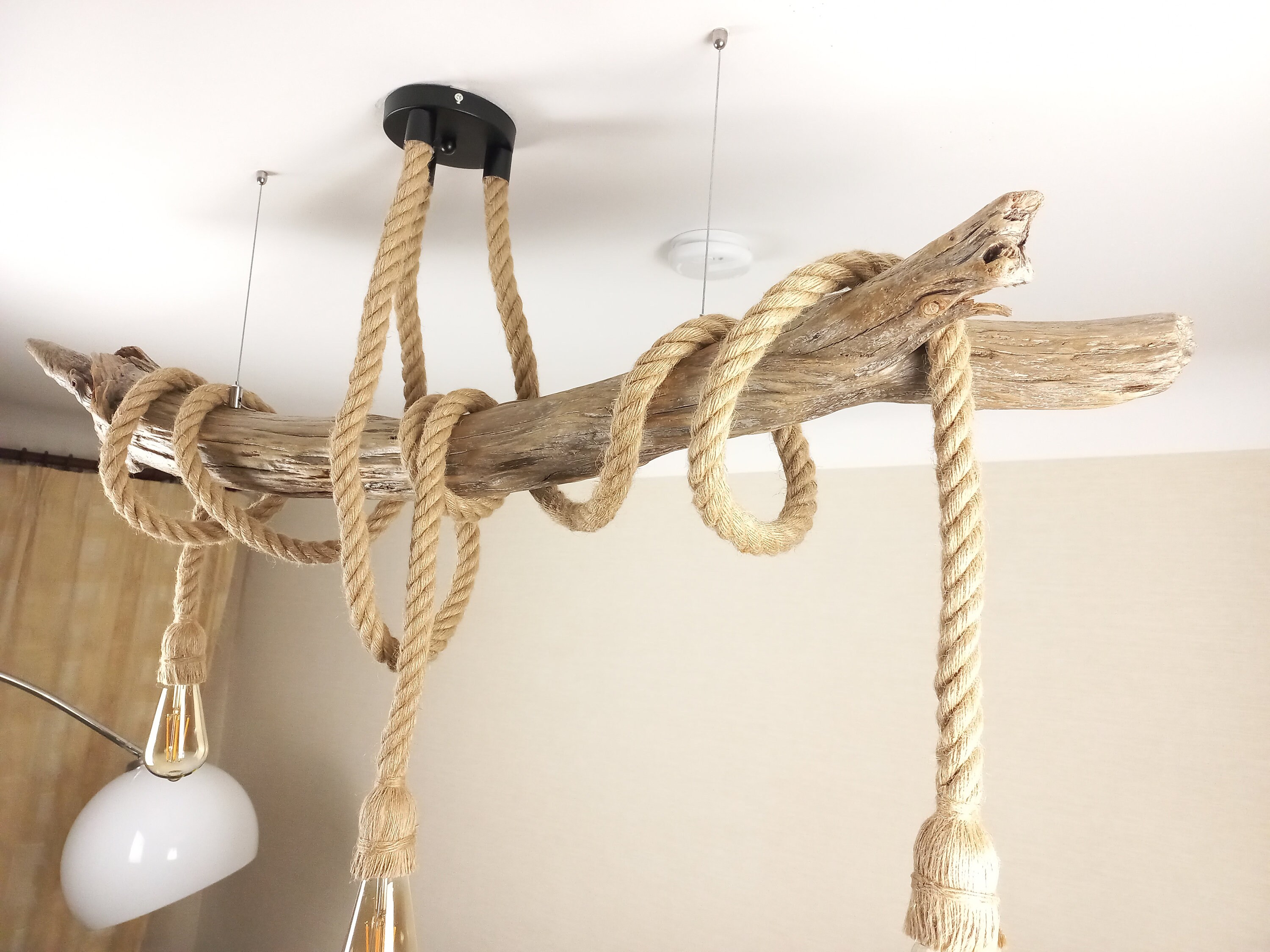 Large Driftwood Pendant Light Rustic Rope Ceiling Lamp Etsy
