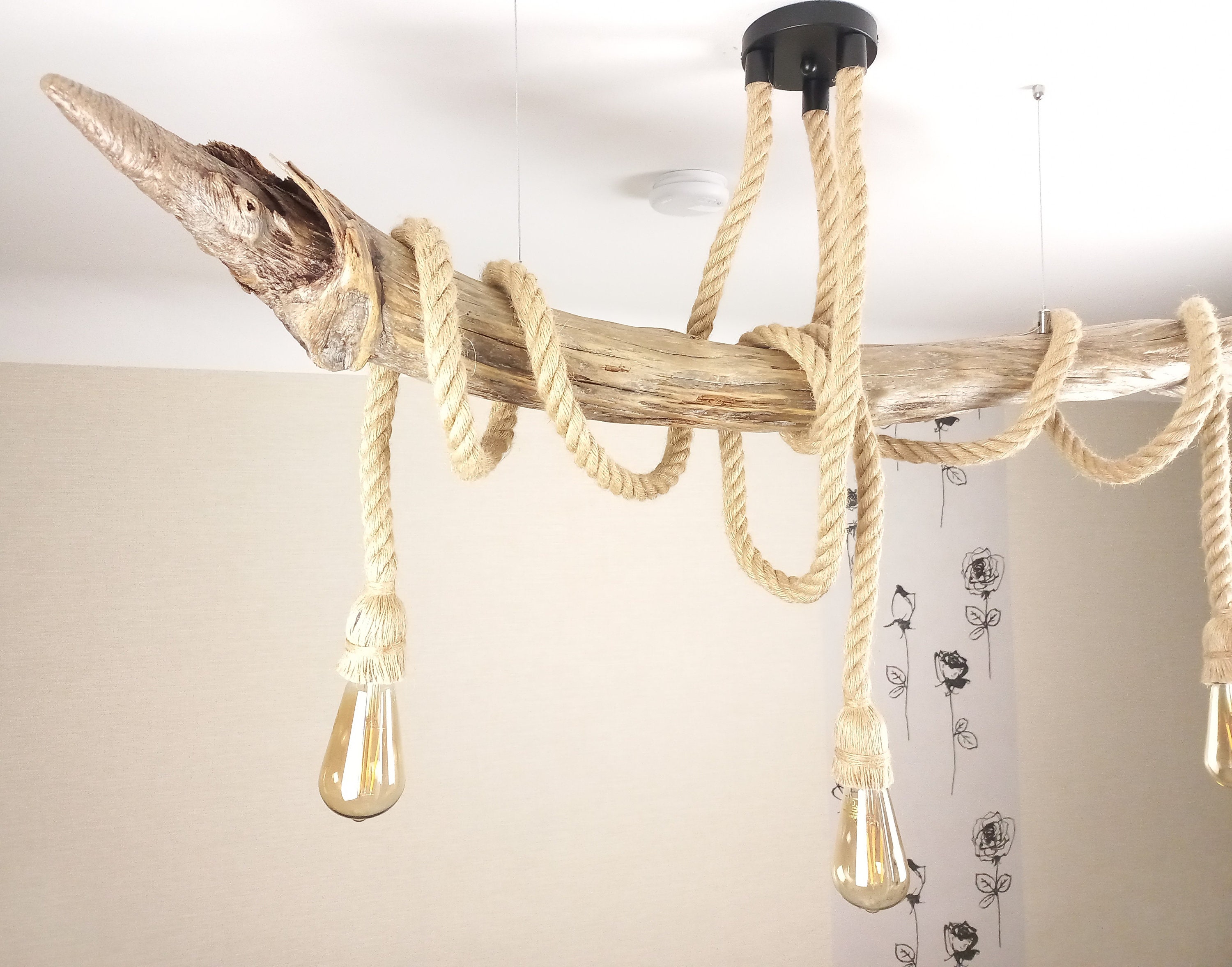 Large Driftwood Pendant Light Rustic Rope Ceiling Lamp Etsy