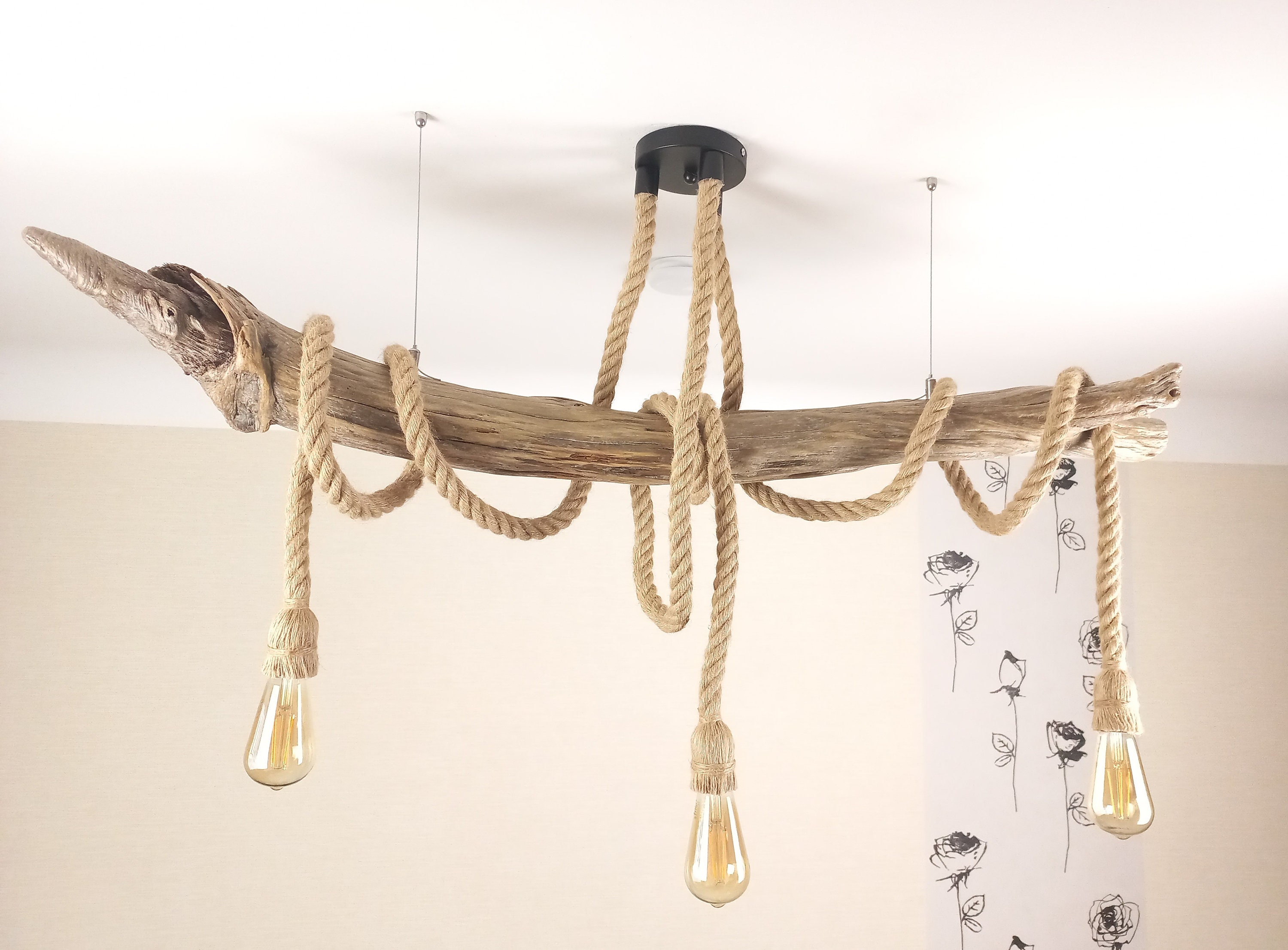 Large Driftwood Pendant Light Rustic Rope Ceiling Lamp Etsy