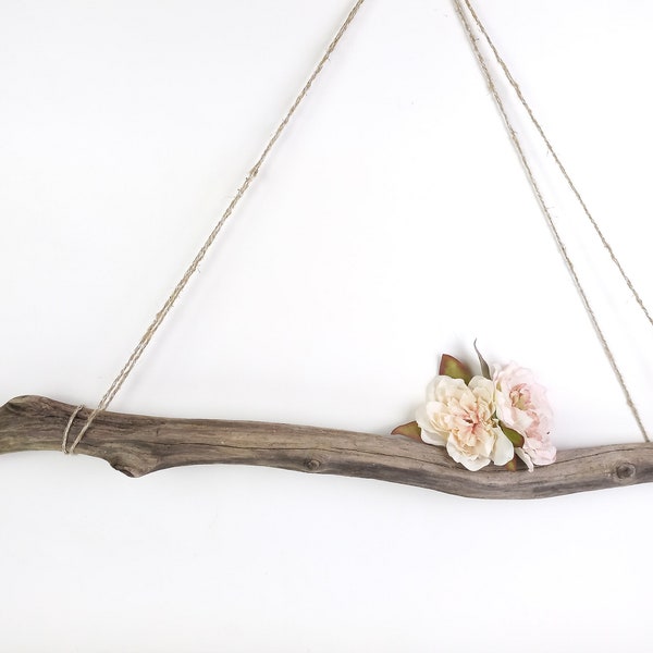 Branche sinueuse en bois flotté de 2,7 pi de long, 81 cm, branche à accrocher au mur, décoration de style côtier, goujon en macramé, porte-plante rustique