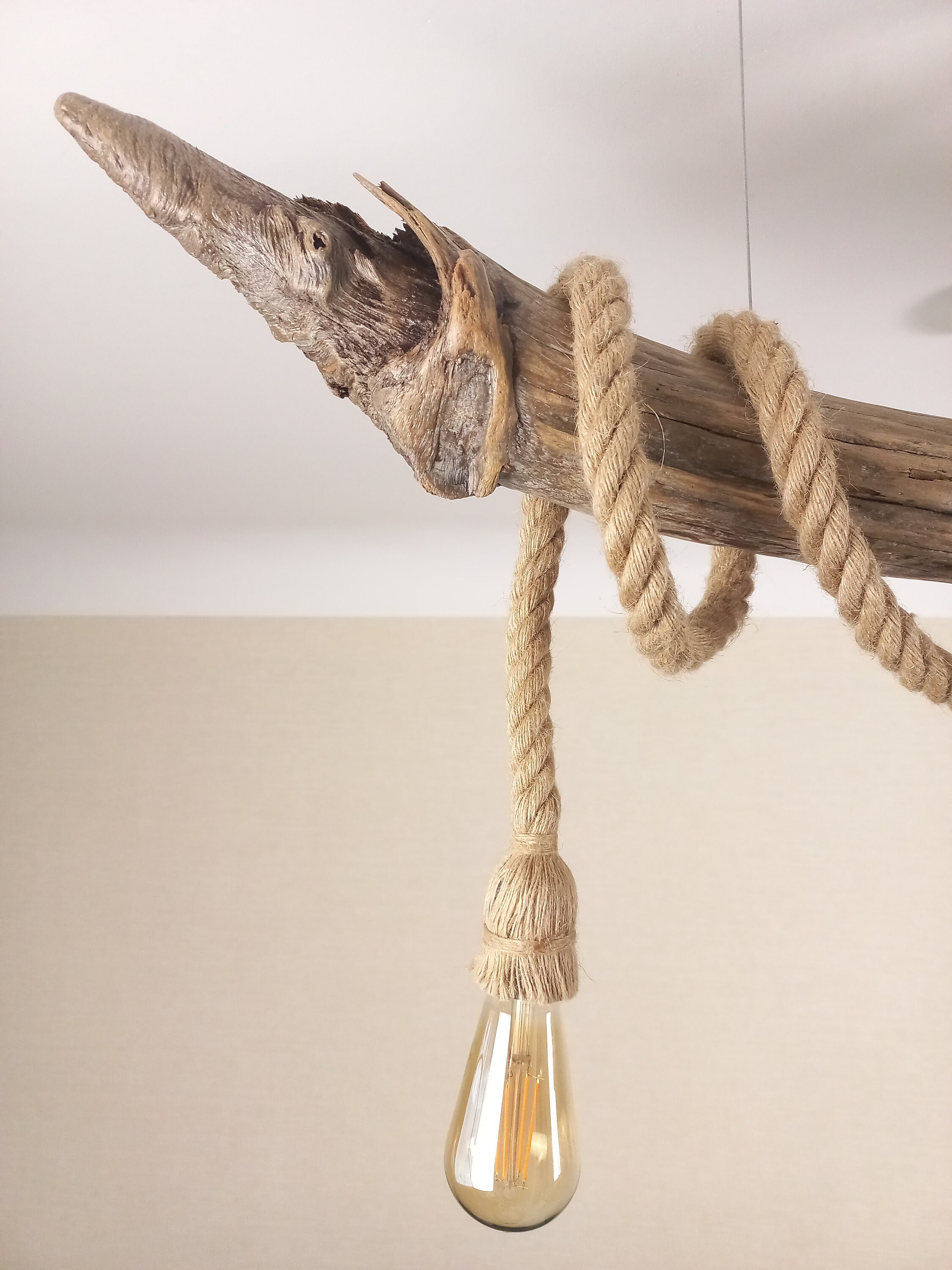 Large Driftwood Pendant Light Rustic Rope Ceiling Lamp Etsy