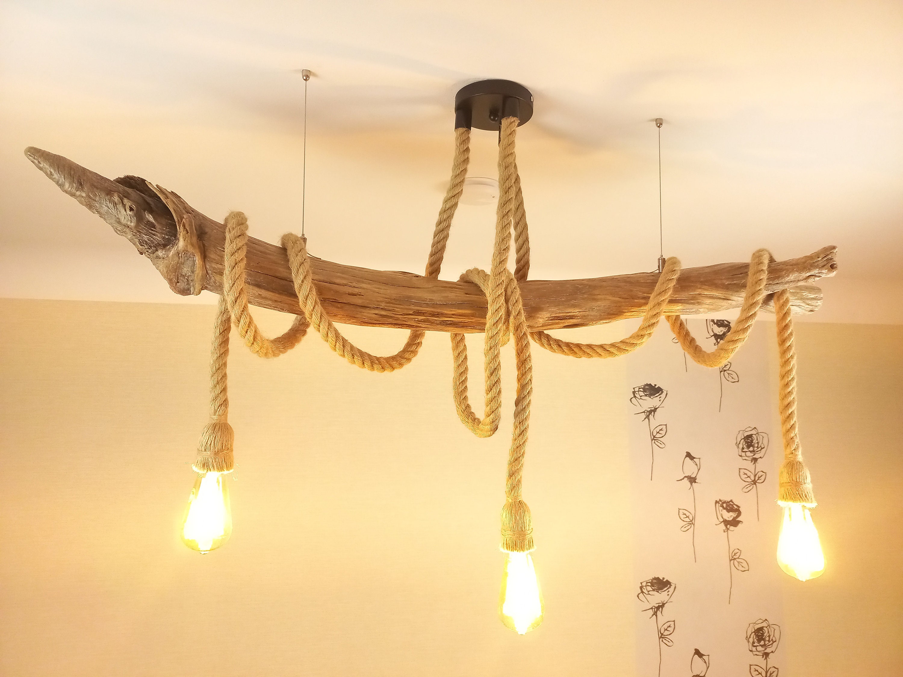 Large Driftwood Pendant Light Rustic Rope Ceiling Lamp Etsy